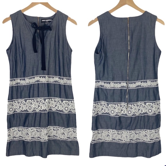 KARL LAGERFELD Sleeveless Cotton Denim & Lace Trim Dress 8 Exposed Zipper - Picture 2 of 11